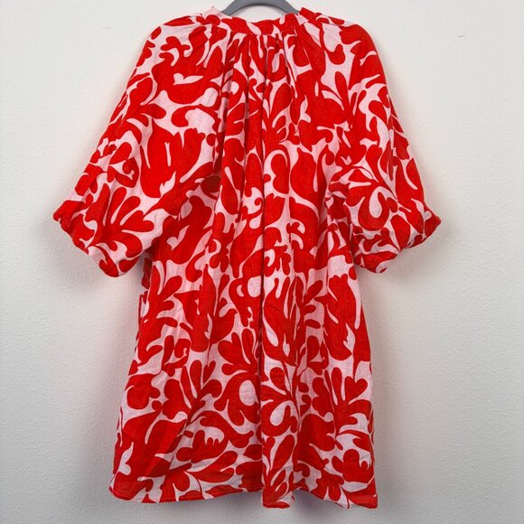 Magaschoni Linen Puff Sleeve Dress - Poppy Red & White Size M - Picture 3 of 9